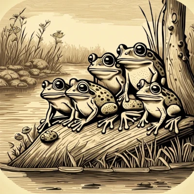 Frogs surrounded by a pond, engraving